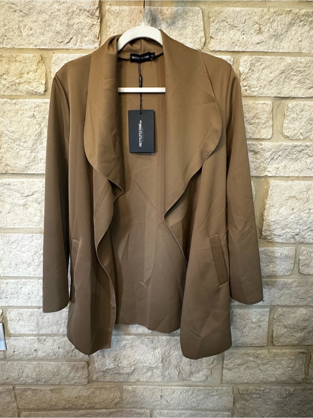 NWT Pretty Little Things Women's Camel Open-Front Waterfall Scuba Cardigan